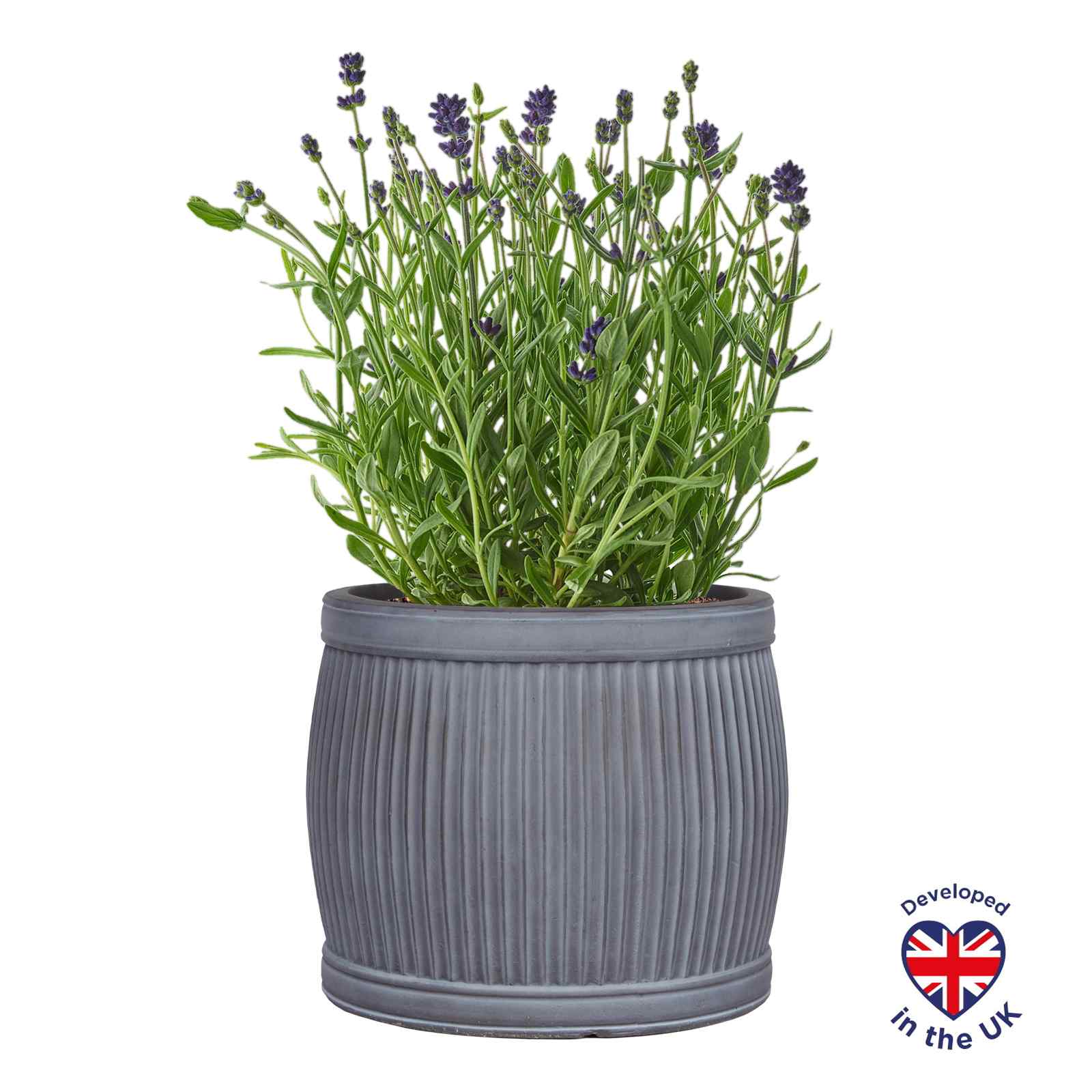 Vertical Ribbed Vintage Style Grey Barrel Round Garden Planter D24 H20 cm, 9 ltrs Cap.