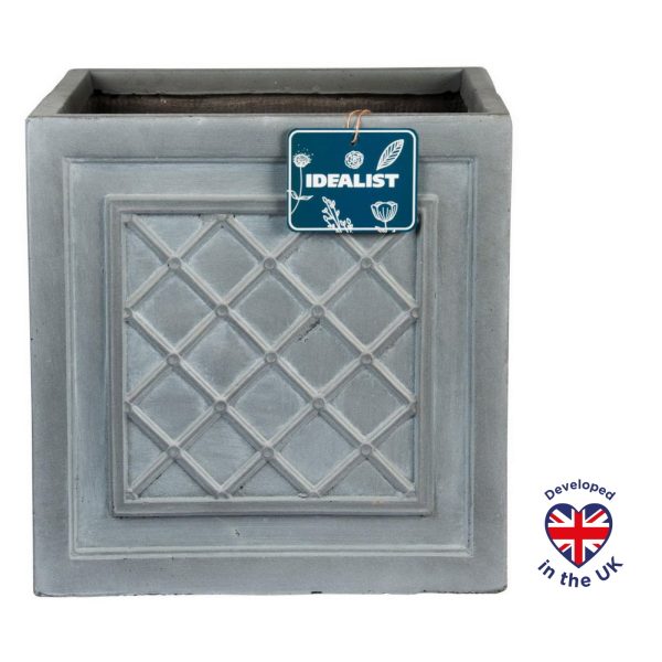 Faux Lead Lattice Box Square Grey Light Stone Planter W37 H37 L38 cm, 52 ltrs Cap.