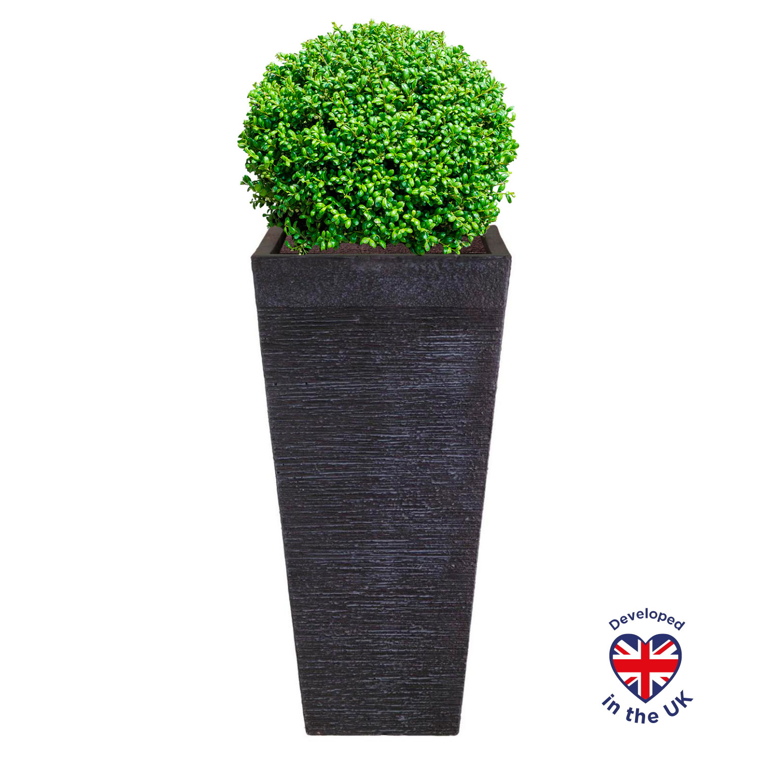 Ribbed Black Light Concrete Tapered Garden Planter H89 L43 W43 cm, 165 ltrs Cap.