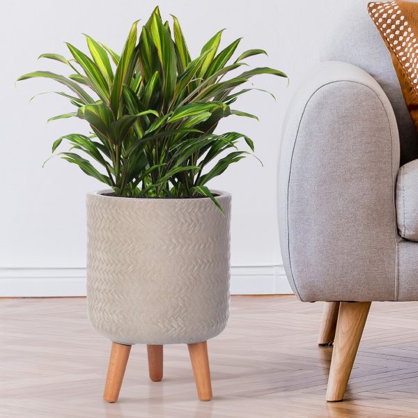 Plaited Style Beige Planter on Legs, Round Indoor Plant Pot D20 H35 cm, 8.7 ltrs Cap.