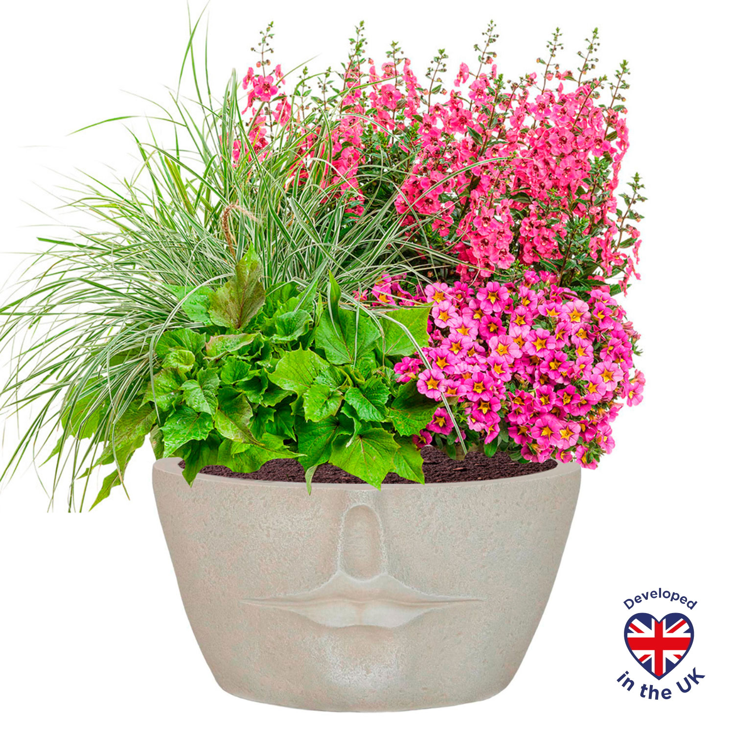 Textured Concrete Effect Beige Oval Face Garden Planter with Lips L42 D31 H23 cm, 15.7 ltrs Cap.