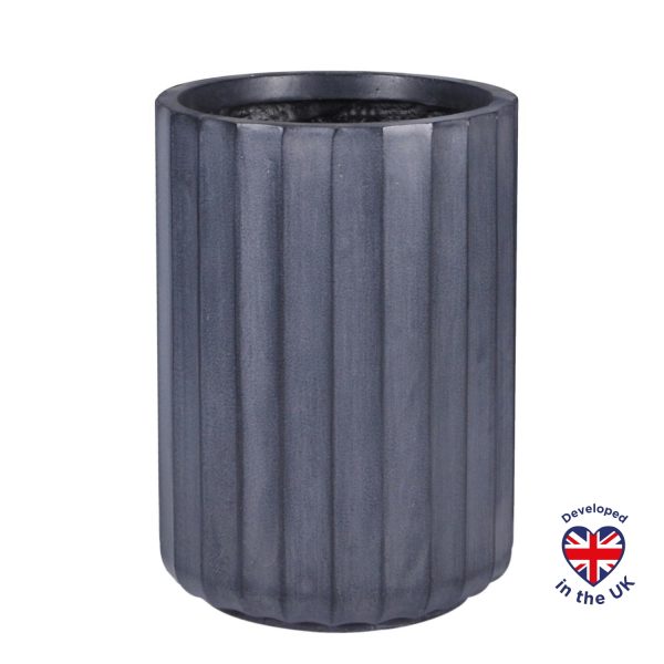 Modern Ribbed Black Cylinder Round Outdoor Planter D24 H33 cm, 14.9 ltrs Cap.