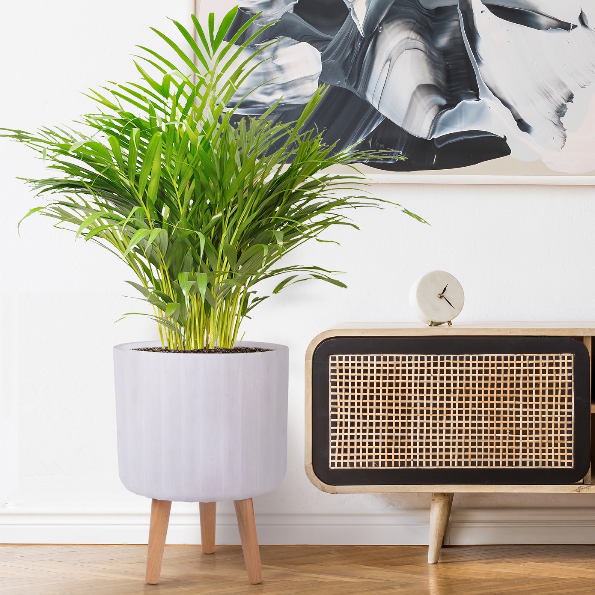 Modern Ribbed White Cylinder Planter on Legs, Round Pot Plant Indoor D32 H58 cm, 27.2 ltrs Cap.