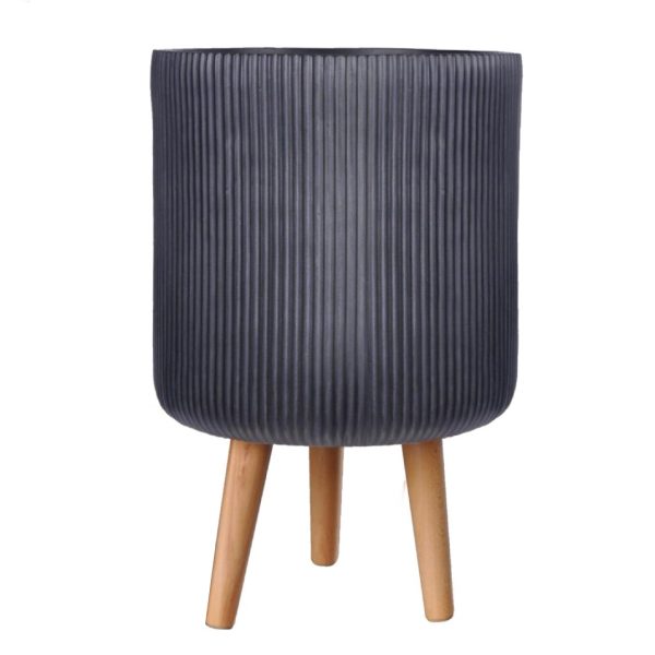 Ribbed Black Planter on Legs, Round Indoor Plant Pot D26 H46 cm, 18.5 ltrs Cap.