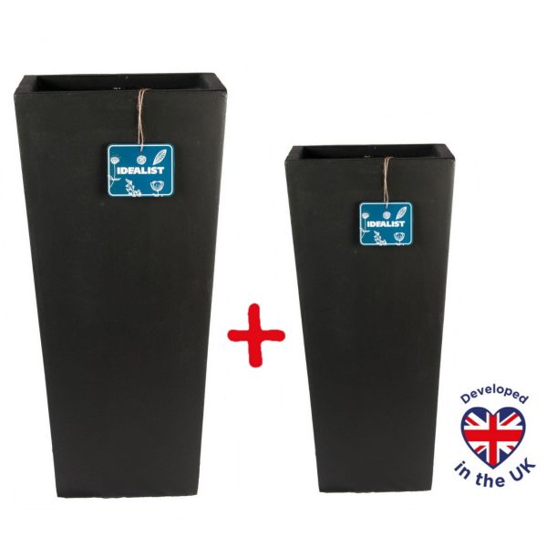 Tall Tapered Black Light Concrete Planter H65 L32 W32 cm, 67 ltrs Cap. + Tall Tapered Black Light Concrete Planter H50.5 L24.5 W24.5 cm, 30 ltrs Cap.