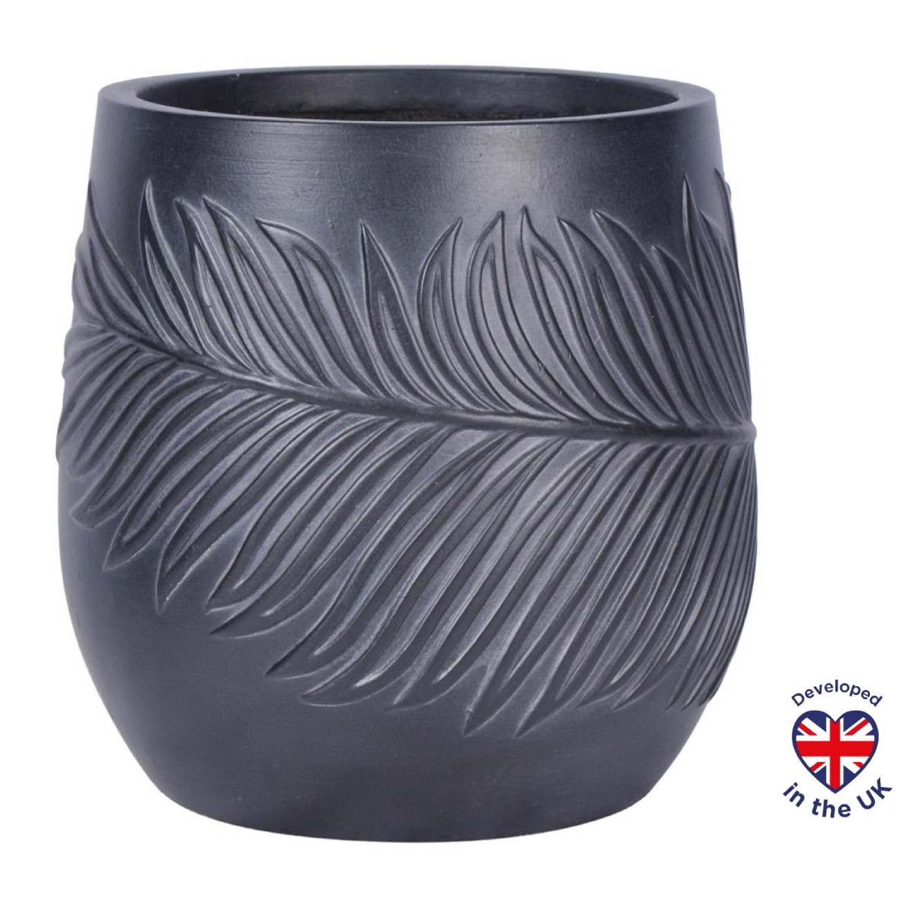 Leaf Embossed Black Garden Round Planter, Outdoor Plant Pot D30 H31.5 cm, 18 ltrs Cap.