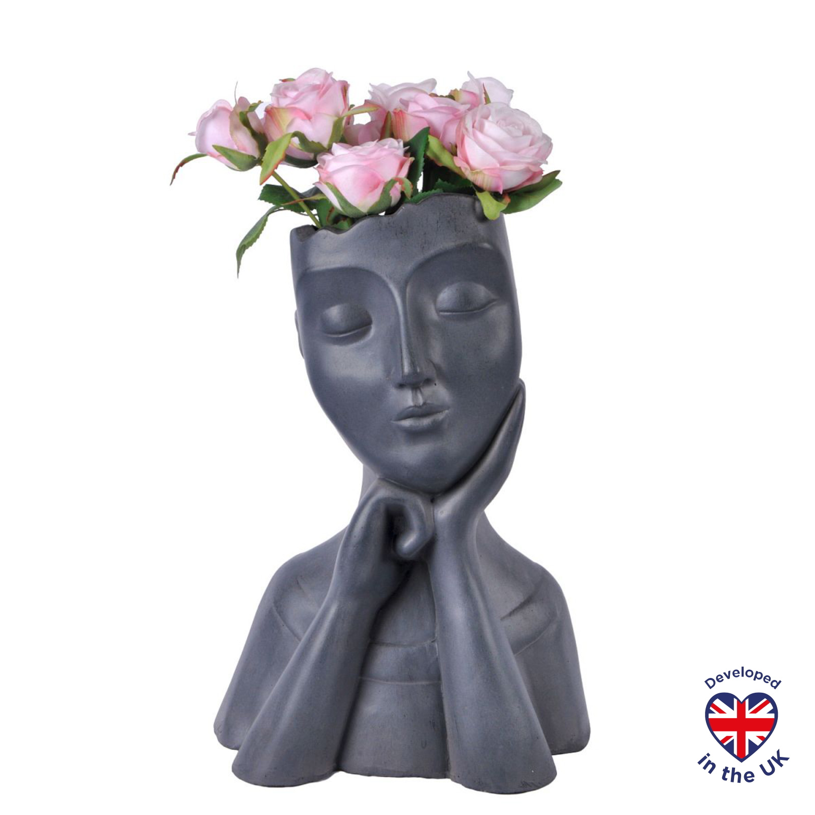 Pensive Black Oval Bust Face Planter Indoor Pot Cover L31 W23 H44 cm, 12 ltrs Cap.