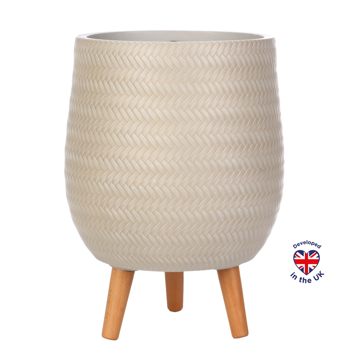 Plaited Style Beige Planter with Legs, Round Indoor Plant Pot D26 H43 cm, 19 ltrs Cap.