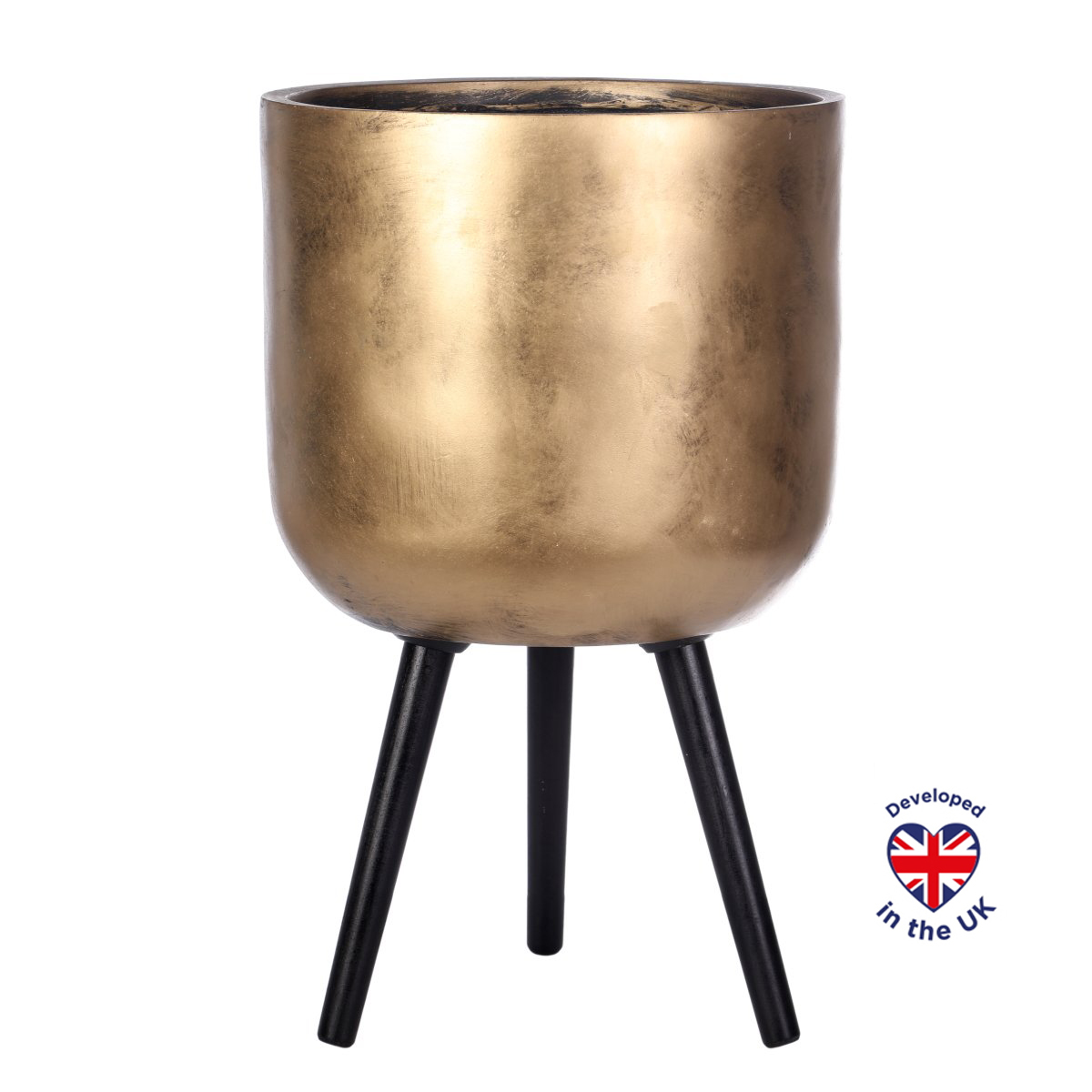 Concrete Effect Gold Round Planter with Legs, Round Indoor Plant Pot D33 H61 cm, 32 ltrs Cap.