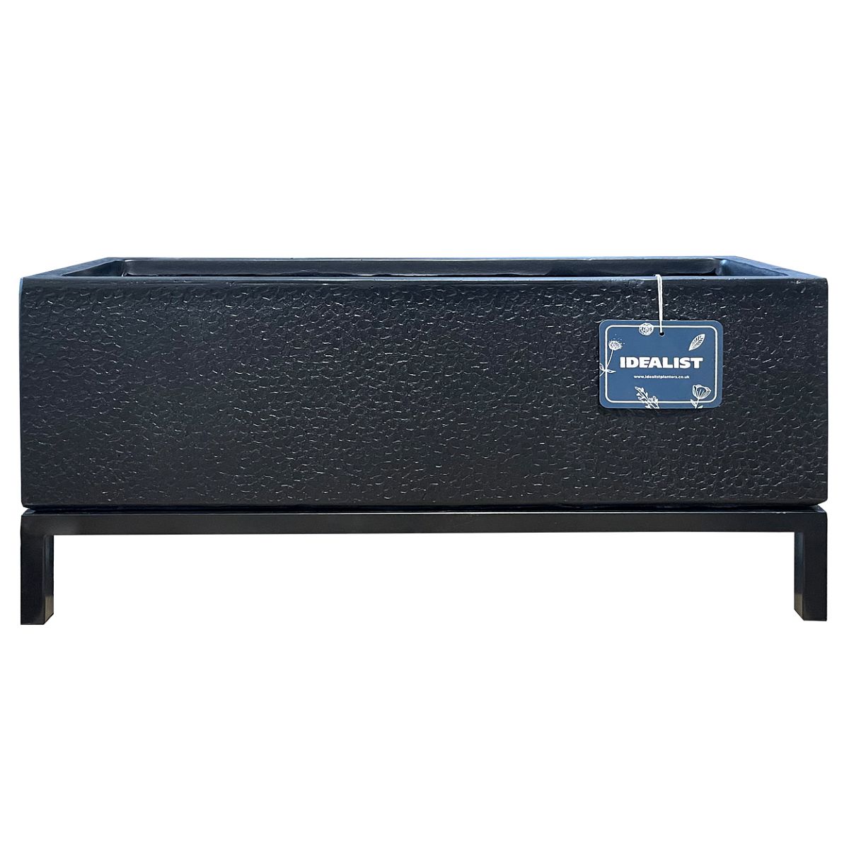 Hammered Stone Style Black Trough Indoor Planter on Metal Stand H32 L70 W23 cm, 45 ltrs Cap.
