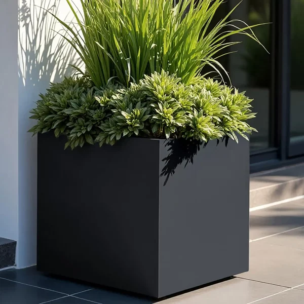 PURE Cube Black-Grey Fibreglass Square Outdoor Planter, H40 L40 W40 cm, 64 ltrs Cap.