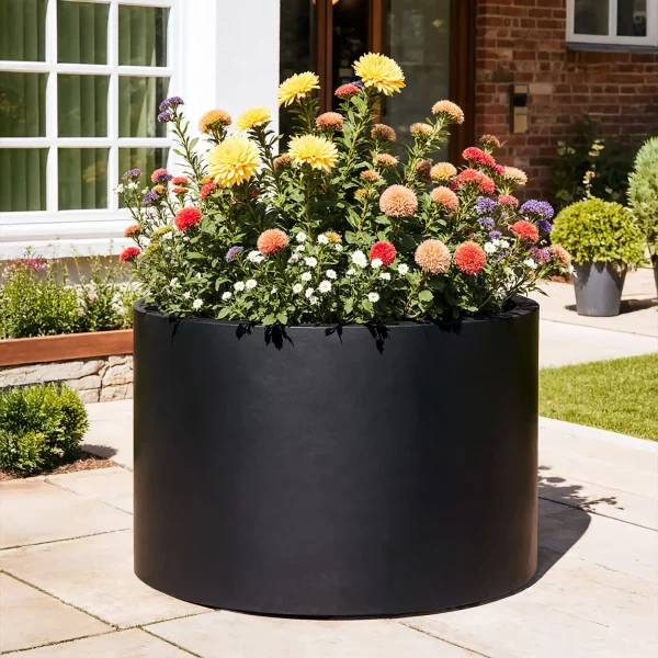RING Large Black Fibreglass Outdoor Planter, D80 H60 cm, 301 ltrs Cap.